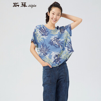 斯琴熟女春夏苎麻印花短袖上衣花色圆领衬衫aixs024花色m