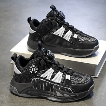 男童鞋子秋秋新款2022儿童运动篮球鞋男孩旋转纽扣单鞋中大童秋季黑色