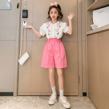哈熙牛大童女装夏季套装新款2023女童夏装时尚小学生女孩衣服衬衫两件