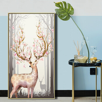 鹿画 装饰画玄关装饰鹿画竖版发财鹿北欧风走廊挂画 过道壁画 b 白色
