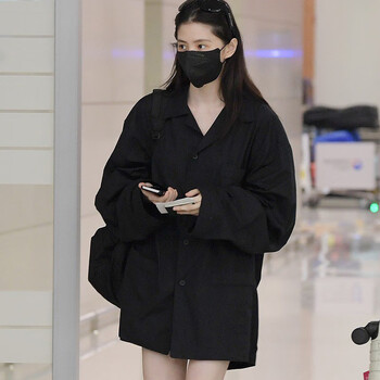 优囹韩素希同款衬衫外套女黑色d慵懒bf男友秋韩系衣领上衣优囹 xl