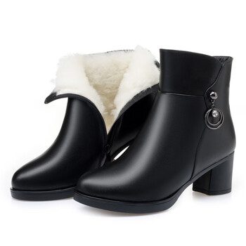 妈妈鞋大码中年棉鞋短靴子冬季新款真眞皮短靴女中跟羊毛棉皮鞋粗跟加