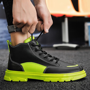 aithree高帮鞋男增高厚底鞋个性拼色皮面板鞋男韩版潮流鞋学生小众