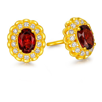 黄金镶石榴石耳钉999足金红宝石耳饰经典足金耳环送女友老婆礼物