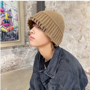加厚毛线帽子冷帽个性缝线水桶帽女冬季针织盆帽卡其色均码5658cm头围