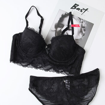 复古性感蕾丝聚拢内衣款文胸套装调整型大胸显小女士胸罩 黑色 80b