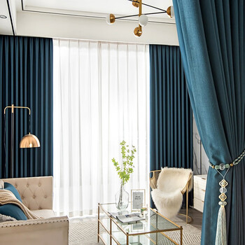 窗帘布卧室简约现代普拉之梦普拉之梦午夜蓝每米用料价格挂钩打孔免费