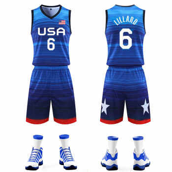 全益人2021新款美国队篮球服套装梦之队球衣7号杜兰特训练比赛队服球服一套可定制 蓝色6号利拉德 4XL 180-185CM