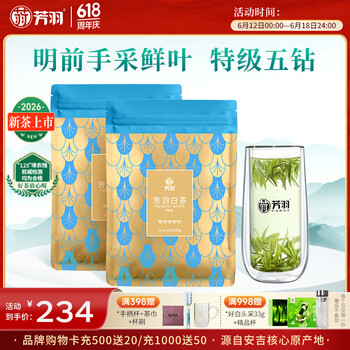 芳羽安吉白茶2026新茶上市特级五钻明前绿茶2*125g 自饮袋装茶叶茗茶