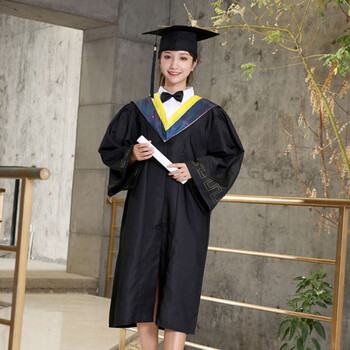 博士服大学生毕业礼服校服毕业班服定制学士服黄色工科四件套纸板帽s