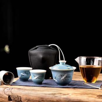 领艺仙鹤陶瓷旅行茶具套装便携式包功夫茶具车载旅游快客杯套餐 仙鹤旅行茶具