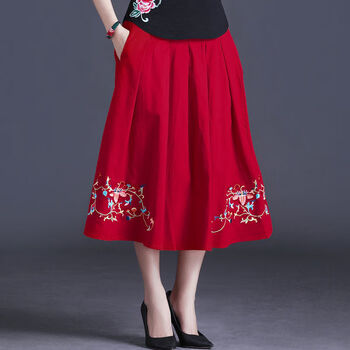 减龄休闲小个子秋冬新款民族风绣花半身裙棉麻中国风酒红色半身裙均码