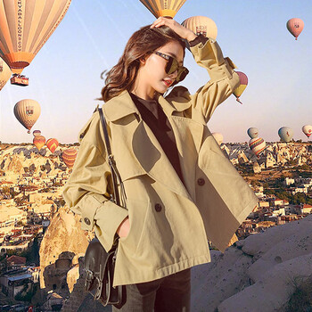 风衣女短款外套显高宽松百搭工装chic军工装风衣 zj117-8075mx 卡其色