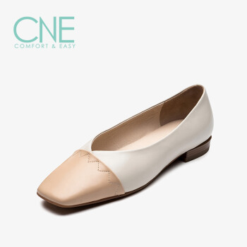 CNE 女鞋时尚休闲日系方头拼色套脚粗跟低跟女单鞋奶奶鞋CNE AM18201 杏色+米白色 BEK 37