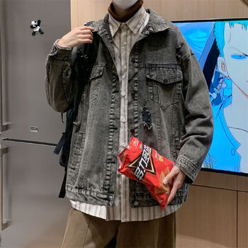 希尾牛仔外套宽松破洞男春秋季设计感夹克ins潮牌百搭上衣水洗做旧翻