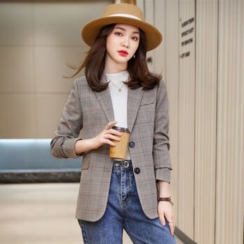 wassupbeach格子小西装外套女春秋年新款韩版修身气质时尚千鸟格棕色