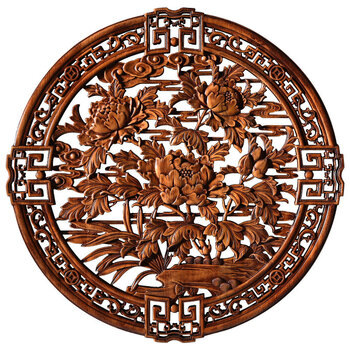 随喜木雕东阳木雕实木咕咕爱挂件中式圆形装饰画客厅沙发背景墙墙壁