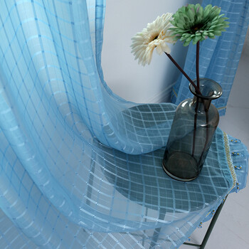 窗帘纱帘成品简约现代北欧风ins白色客厅卧室窗纱 四彩格子纱-蓝色