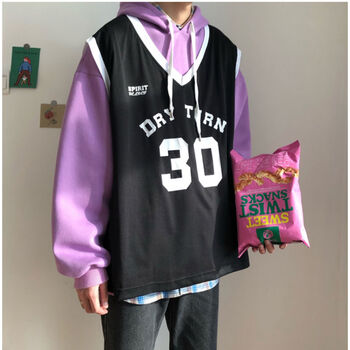 意型夏夏季无袖卫衣连帽背心男同款30号假两件球服卫衣男连帽ins潮牌