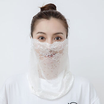 防晒丝巾面纱护脸护颈女夏季面罩薄款透气全脸遮脸 纯色蕾丝面纱-白色