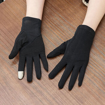 新品冰丝手套防晒手套女薄款弹力开车春秋防滑夏天中长款骑车触屏黑色