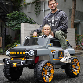 子儿童电动车四轮双人遥控小孩汽车可坐大人玩具车宝宝越野车旗舰灰