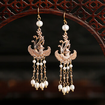 汉服发饰唐风凤鸟珍珠耳环 铜质耳钩