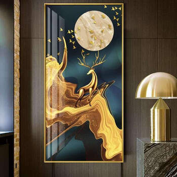 简约客厅沙发背景墙画办公室壁画轻奢艺术挂画金鹿报晓金色框80x160cm