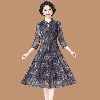 妈妈春装纱连衣裙阔太太遮肚中老年女装50岁改良旗袍裙子 蓝色 5xl
