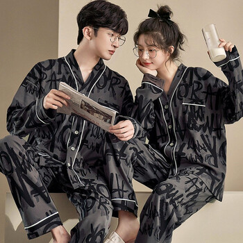 妮巧婷春秋冬季V领开衫卡通简约休闲棉质长袖男女情侣睡衣可外长裤穿家居服套装16541 男XXXL码(建议175-180cm180斤内)