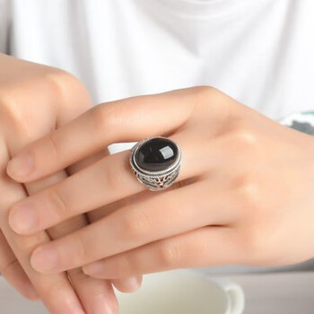 巧俪黑曜石戒指戒指男霸气个性黑曜石银复古泰银社会情侣开口指个性黑