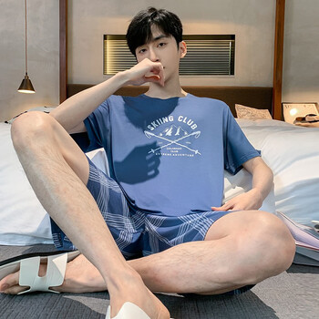踏丽虹蓝色睡衣夏季莫代尔男士短袖短裤两件套夏天男生薄款休闲家居服