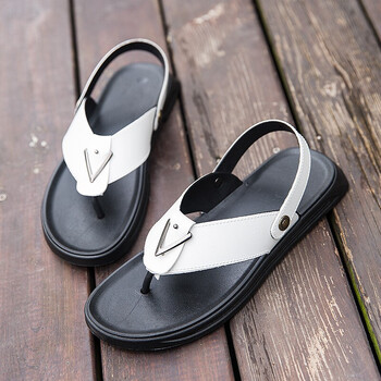 夹趾拖鞋男夏季夹脚人字拖凉鞋两穿男开车潮流两用男士皮凉拖男 白色