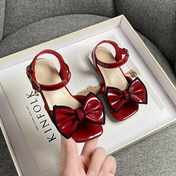 中小童小女孩软底魔术贴洋气儿童高跟蝴蝶结鞋子re11酒红色内长16cm