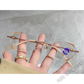 细闪女士老花镜近视成镜超轻金属无框眼镜高清防蓝光 金色老花 100度