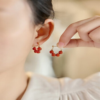 玥程胭柔红玛瑙耳坠百搭红色耳钉几何耳环感七夕情人节礼物送男女朋友