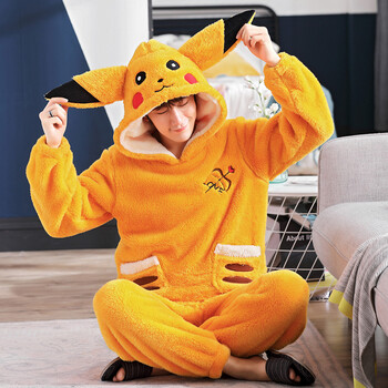萧淑妃加厚保暖连帽法兰绒睡衣冬季加肥可爱卡通皮卡丘青年男女士情侣