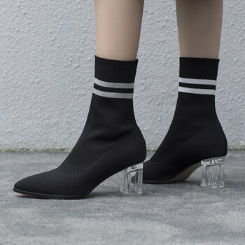 袜子鞋女18新款水晶跟加绒中筒靴尖头粗高跟鞋套脚马丁靴 黑 白色(绒