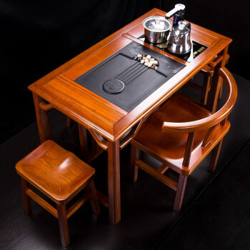 新中式实木茶桌椅组合新中式泡茶台功夫茶几小号阳台办公室泡茶桌沙比利 竹石 刚果茶桌带1主人椅3方凳