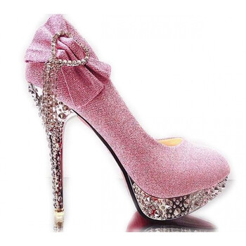 秋冬婚鞋高跟鞋新娘2018水钻细跟圆头浅口中跟水晶成年礼单鞋女 粉色