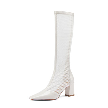 威少库里靴子女夏天长筒学生增高靴新款夏季高筒靴高跟长鞋网纱网靴镂