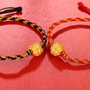 老凤凰 节日礼物黄金四叶草转运珠手链女款3d硬金小金珠串珠编织红绳