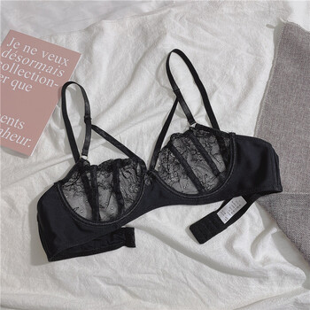 性感透明蕾丝文胸睫毛超薄有钢圈上托少女内衣套装镂空舒适透气 黑色