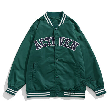 日系尾单扣子风美式棒球服外套男秋冬款字母刺绣情侣夹克 墨绿色 l