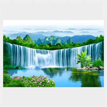 希盼(xipan)山水画靠山图大瀑布流水生财青山绿水风景客厅办公室装饰