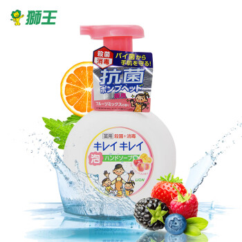 狮王(Lion) 洗手液 泡沫洗手液 儿童洗手液抑菌 植物性水果香 清爽型 瓶装250ml 日本进口