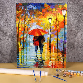数字油画diy抽象雨中恋人情侣手绘填色客厅装饰画挂画海报浅黄色5060