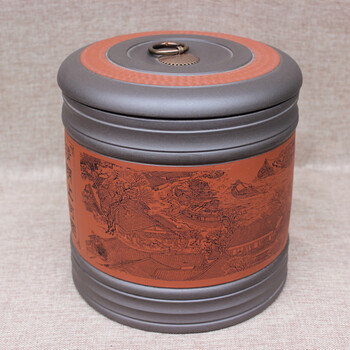 lism宜兴紫砂茶叶罐七饼精品普洱茶叶罐特大醒茶罐紫砂储茶桶清明上河