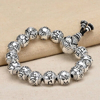 汝比六字箴言足银手链手串莲花六字真言心经银手链男转珠圆珠手串佛珠