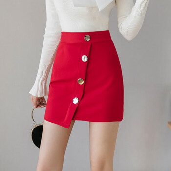 拉夏贝尔ol职业春夏季女款弹力包臀裙纽扣半身裙不规则排扣一步短裙 